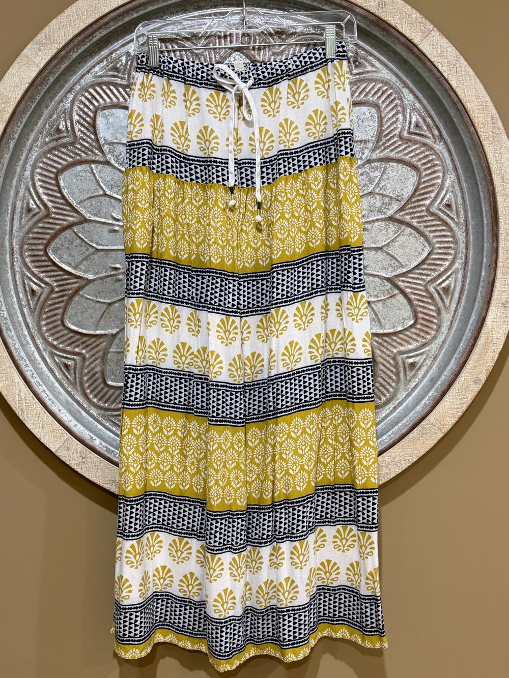 Ann Taylor LOFT Beach Yellow, White & Navy Bohemian Drawstring Maxi Skirt